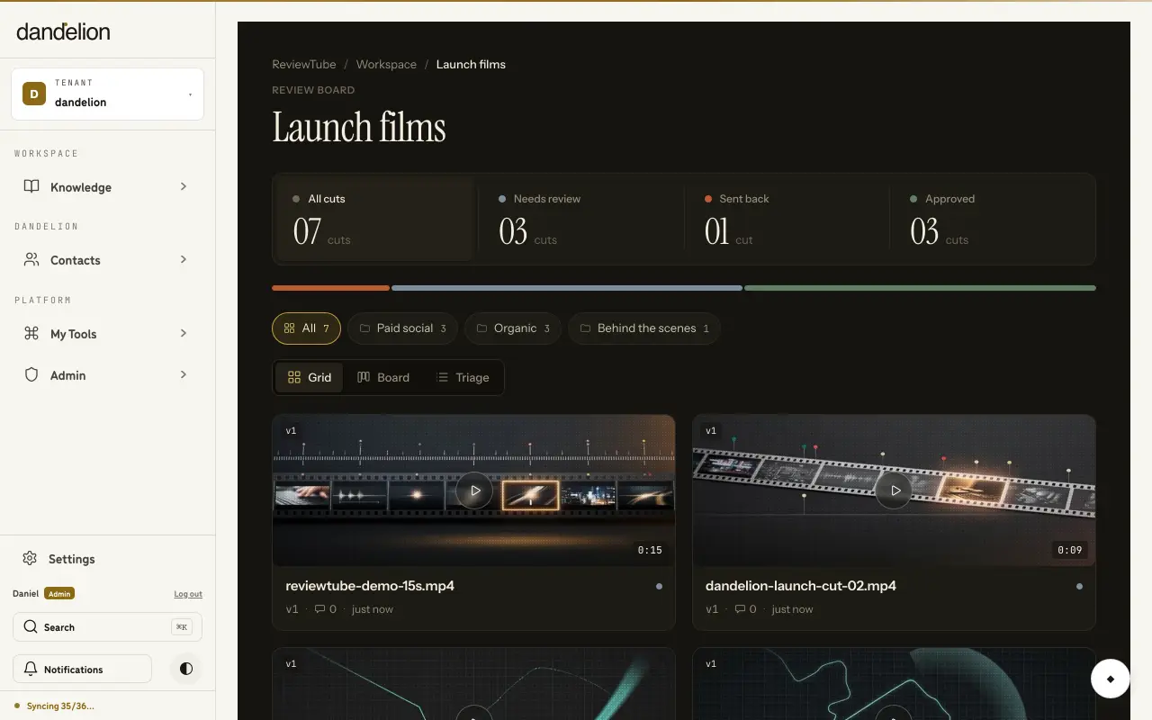 ReviewTube review board, captured live from a Dandelion demo workspace: seven video cuts with approval states across the grid