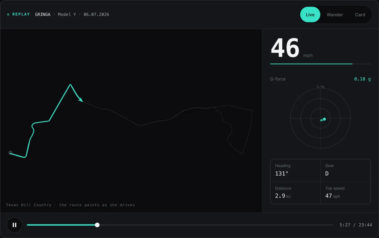Verdict replaying a real captured Tesla drive: route trace, 46 mph readout and G-force dial